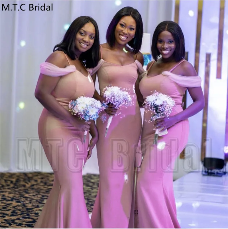 

Light Pink Black Girl Bridesmaid Dresses Mermaid Spaghetti Strap Plus Size African Wedding Guest Dress Maid Of Honor Gowns