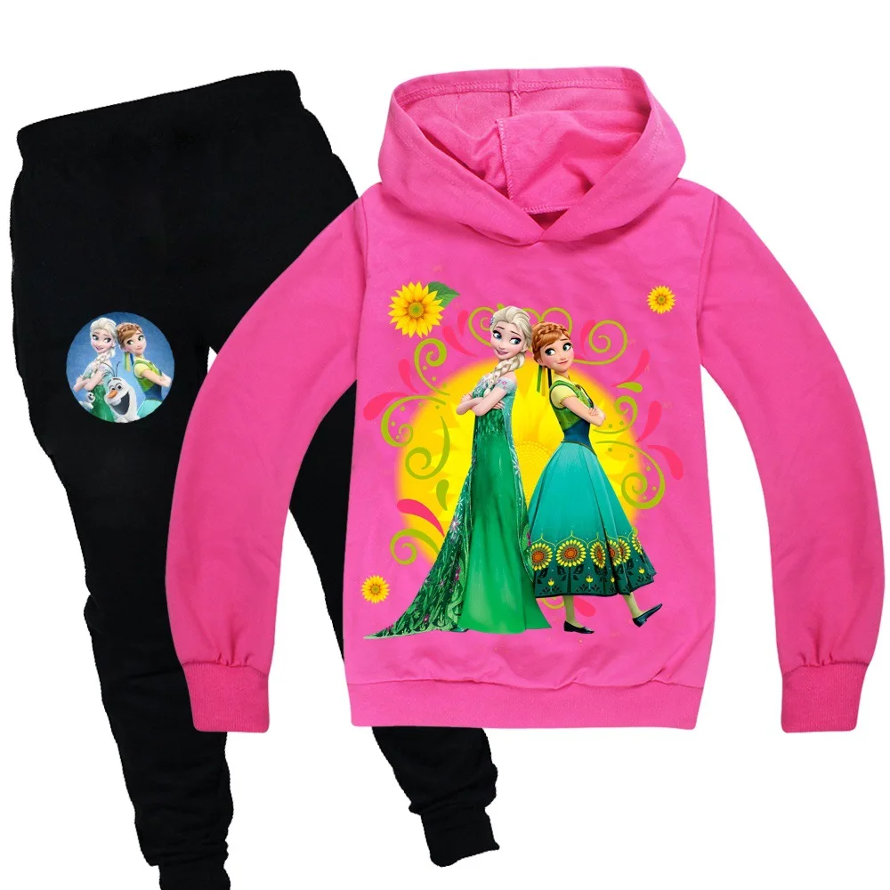 Disney Cute Frozen Elsa Print Hoodie Pants Set Coat Trousers Hoody Sweatshirt Clothes for Girls Kids Home Clothing | Детская одежда и