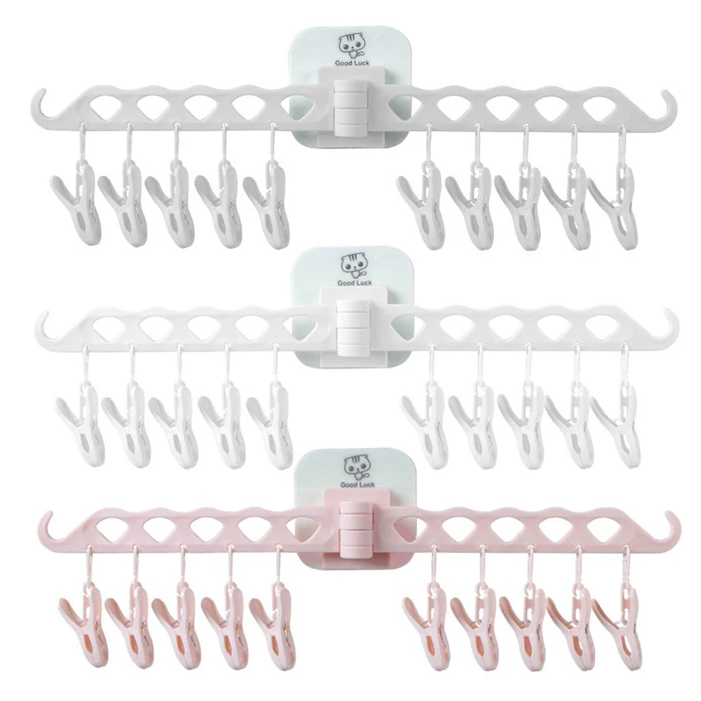 Wall-mounted 10 Clips Portable Socks Cloth Hanger Rack Clothespin Drying Rack Sock Holder Wardrobe Storage Cloth Hangers