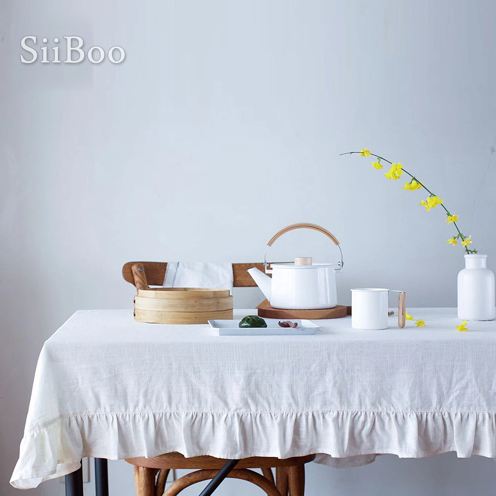 Винтажная скатерть из 100% льна с оборками прямоугольная кремово белая en lin