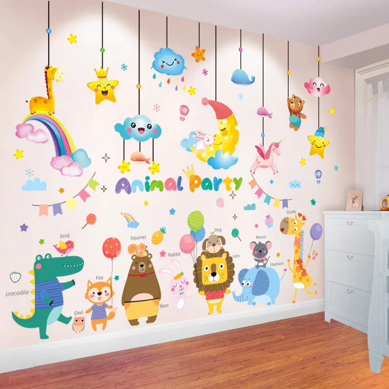 

[SHIJUEHEZI] Cartoon Animals Wall Stickers DIY Stars Clouds Mural Decals for Kids Rooms Baby Bedroom Nursery Home Decoration