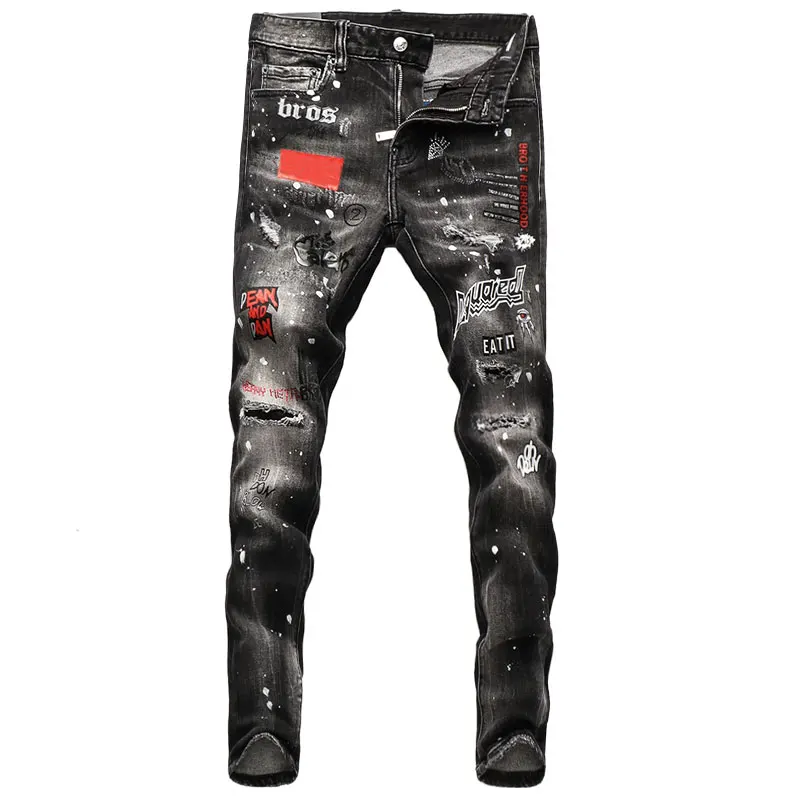 European American Street Fashion Men Jeans Retro Gray Elastic Slim Ripped Jeans Men Patches Printed Designer Hip Hop Denim Pants