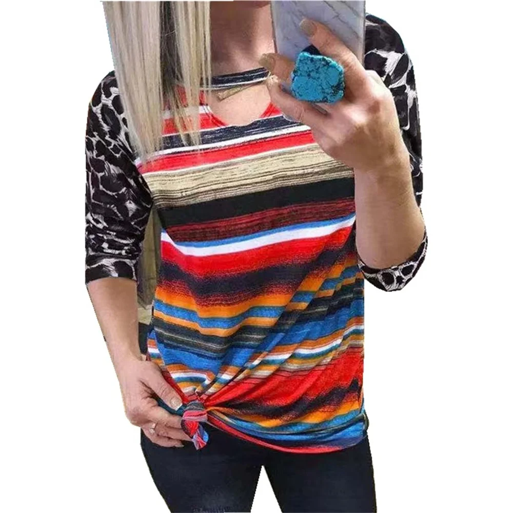 

Fashion Pullover New Multicolor Striped Color Matching Long-Sleeve T-Shirt Ladies Top For Autumn 2021 Casual Loose O-Neck Tops