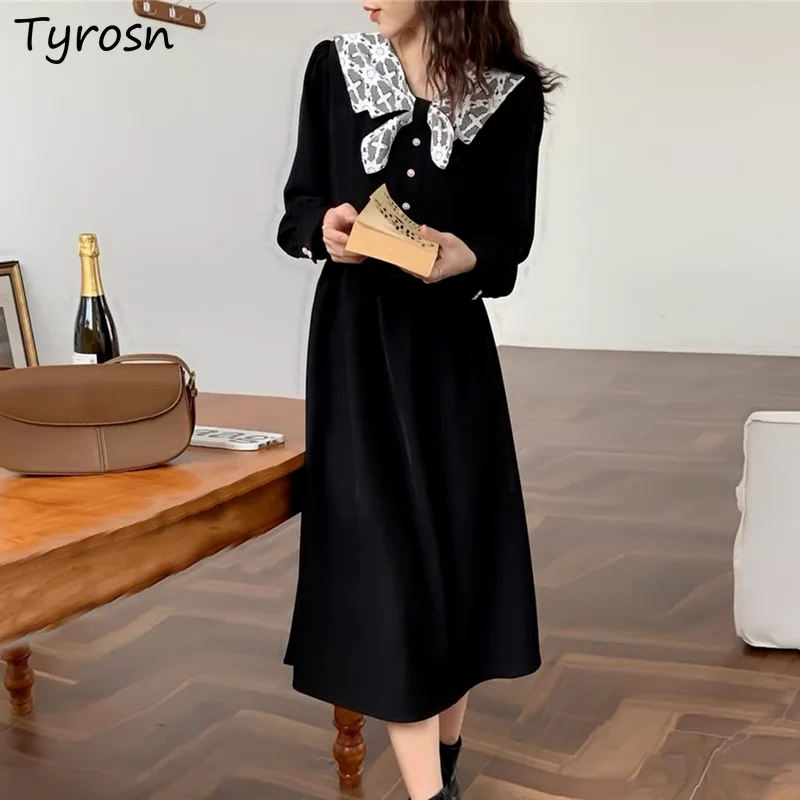 

Платье женское кружевное до середины икры с бантом и круглым воротником