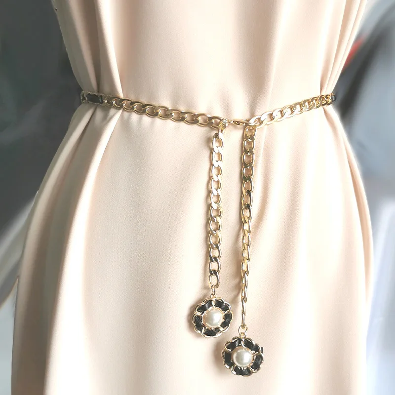 

Designer's New Pearl Chain Pu Woman Belt High Quality Gold Female Decoration Suit Skirt Jeans Woven Waist Chain Luxury Fashion
