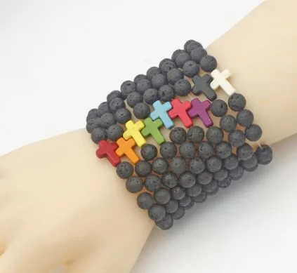 8 мм черный камень из вулканической лавы uth3 Крест Красный Синий Бирюзовый Йога