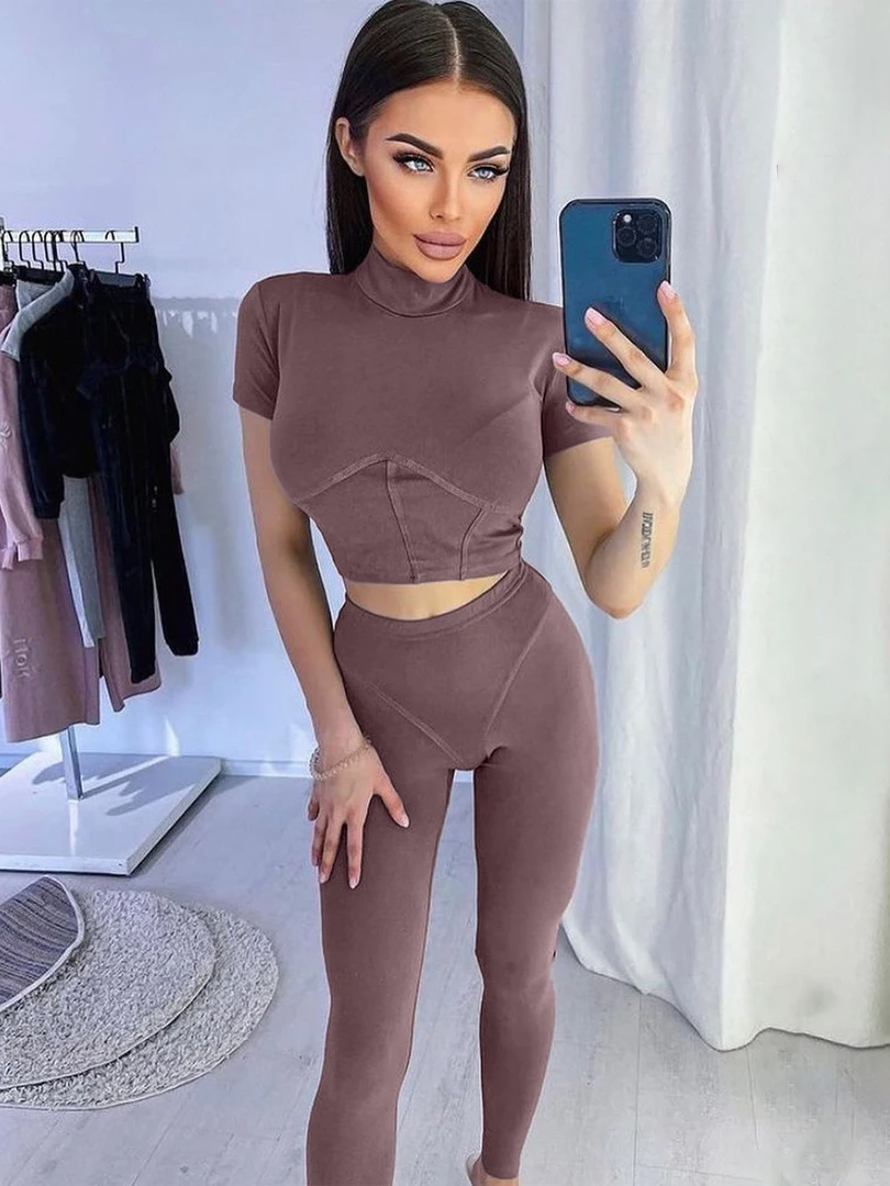 

Lygens Sweatsuit Short Sleeve Top Pants 2 Two Piece Matching Set Women 2021 New Arrival Winter Fall Sports Gym Clothes Wholesale