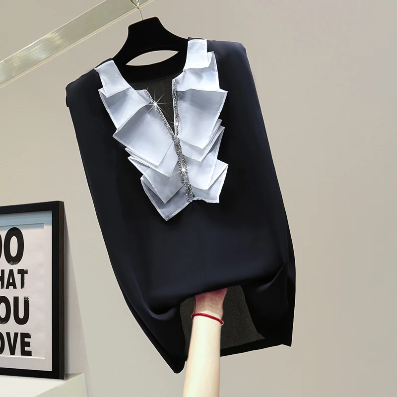 

Футболка без рукавов со стразами 2021 летняя свободная стройнящая Элегантная Повседневная шифоновая рубашка в Корейском стиле контрастных ц...