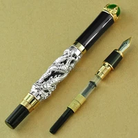 jinhao luxurious dragon king 18kgp m nib fountain pen metal embossing green jewelry on top silver drawing pen office school