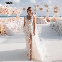 fivsole beach wedding party gowns 2022 charming appliques sexy high slit elegant bridal gowns boho plus size vestidos de novia