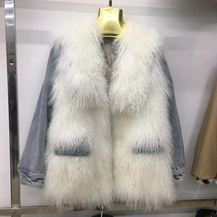 

Fur Parka Women Winter Denim Jacket Warm Thick Wool Coat Fashion Lamb Fur Collar Plus Size Custom Free Shipping