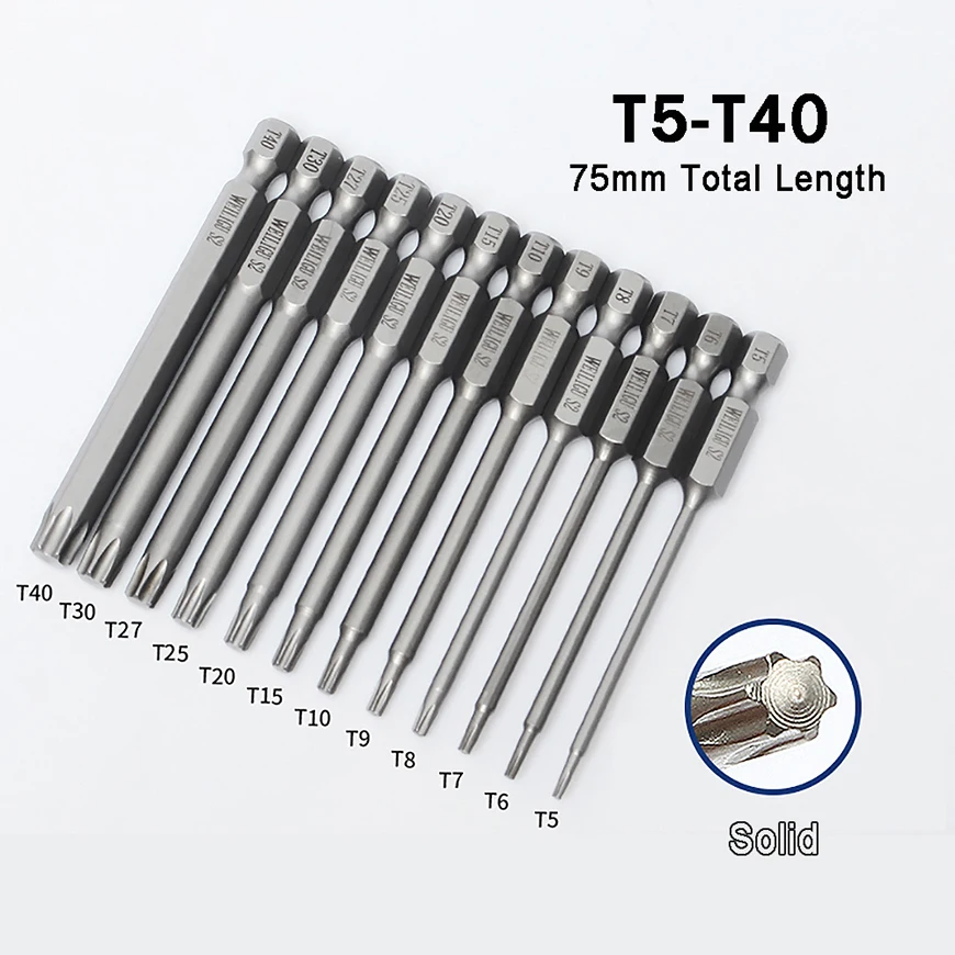 

Solid Magnetic Torx Bit 75mm Length T5 T6 T7 T8 T9 T10 T15 T20 T25 T27 T30 T40 Tamper Proof Security Drill Torx Screwdriver Bits