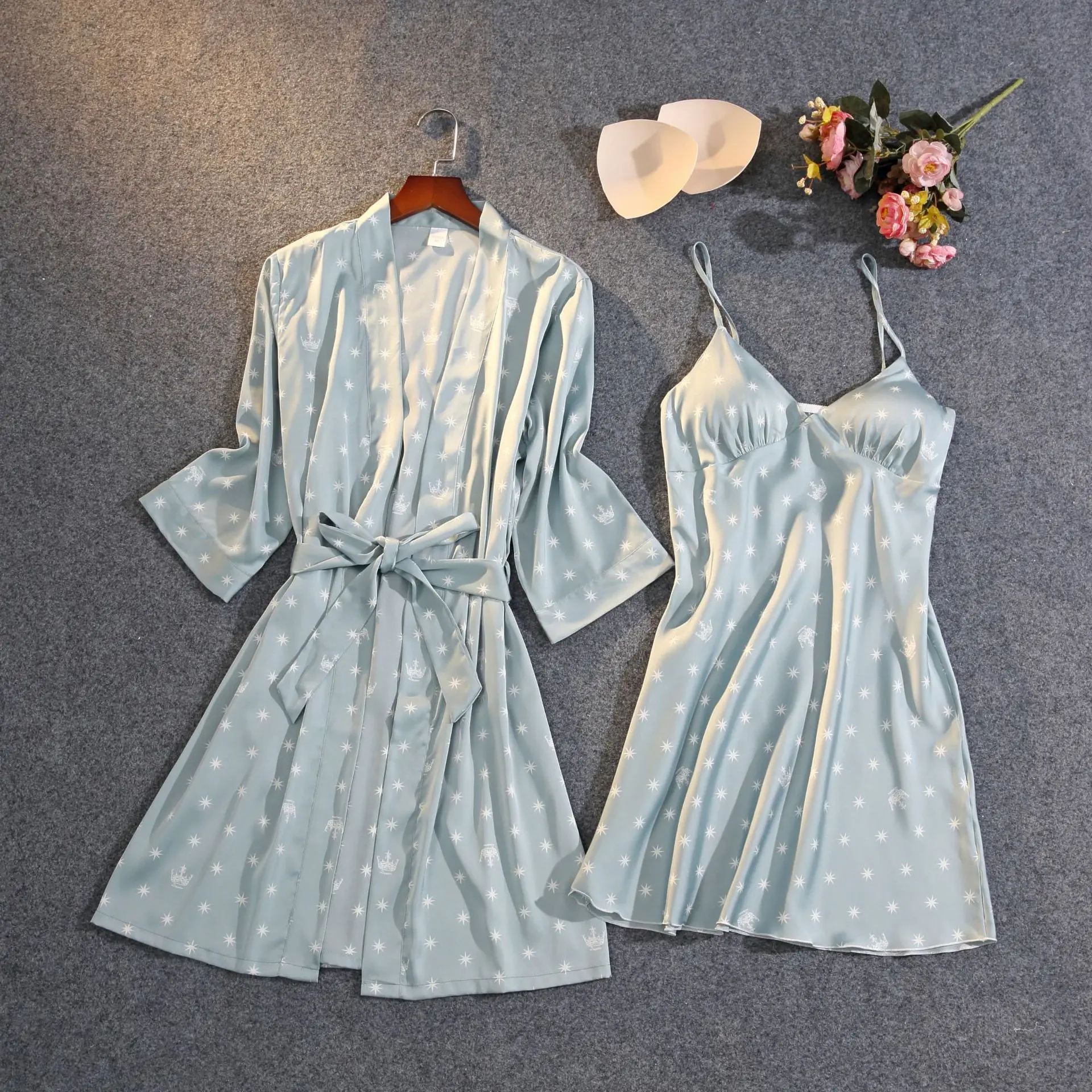 

Satin Pink Sleep Set Women Printed Robe Set V-neck Kimono Gown Summer Casual Nighty&Robe Set Femme 2PCS Sleepwear Home Clothes