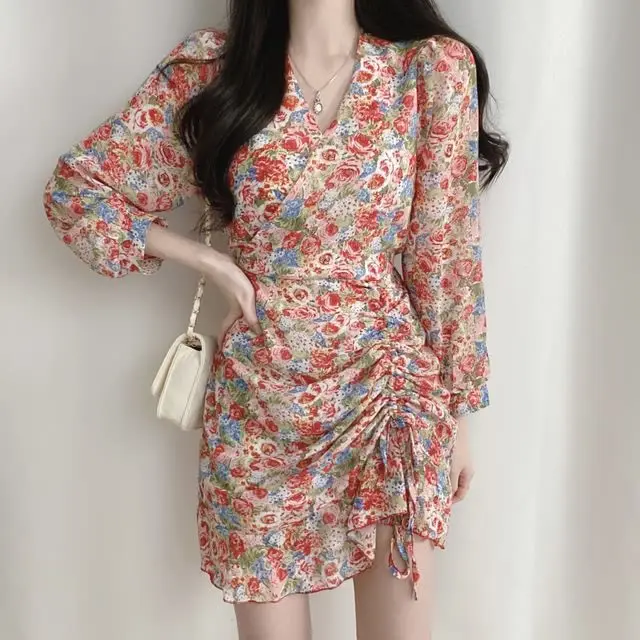 

Houthion New Women's Dress Fashion Tops V-neck Printing Casual Chiffon Dresses Korean Drawstring Long Sleeve