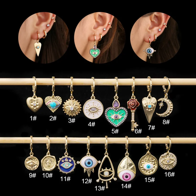 

1PC Cz Gold Evil Eye Heart Dangle Earrings for Women Vintage Statement Hoop Earring Cartilage Piercing Jewelry Wholesale