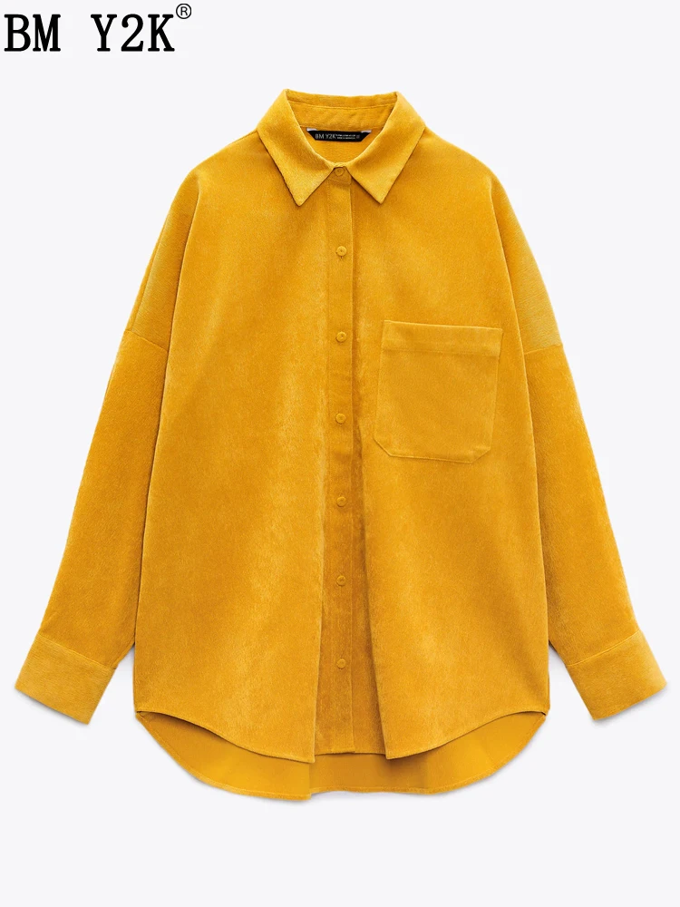 

Женская Вельветовая рубашка BM Y2K с закрытыми пуговицами, однотонная Свободная рубашка в стиле ретро, женская рубашка с длинным рукавом и кар...