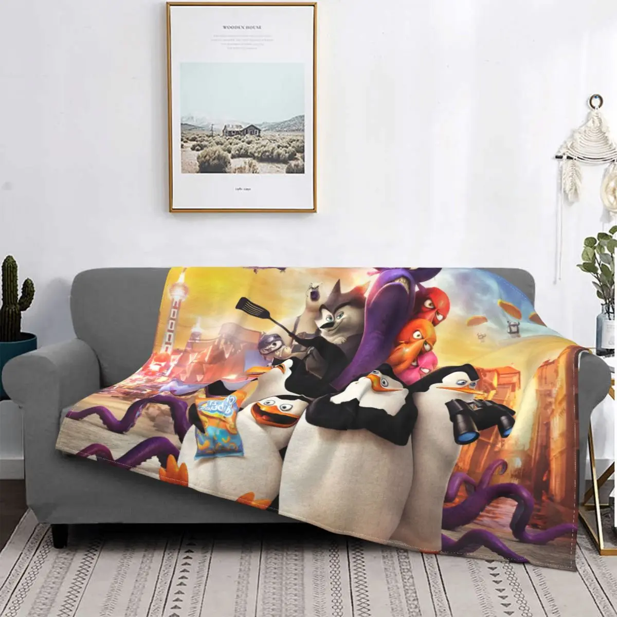 

Manta de franela con dibujos animados de los pingüinos de Malasia, colcha portátil para el hogar, decoración de personajes