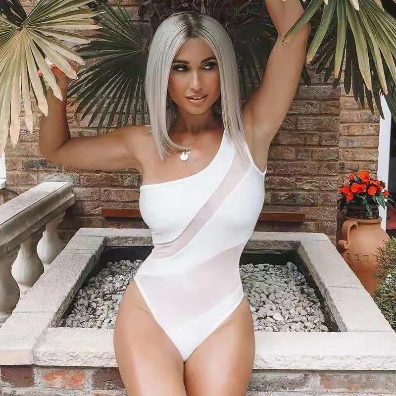 Сексуальный прозрачный сетчатый слитный купальник бикини 20220 на одно плечо