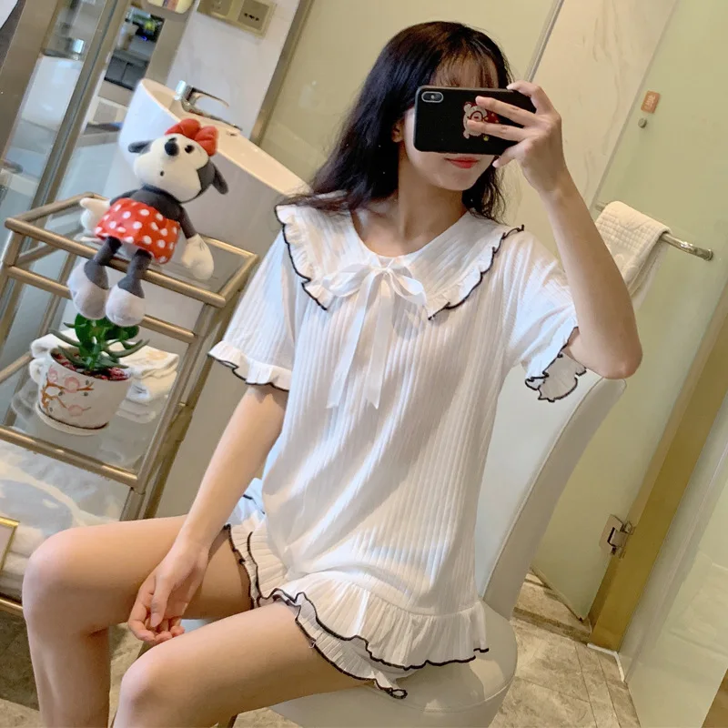 Summer Women's Pajamas Sets Cotton Sweet Pure Color Short Sleeve Shorts Comfortable Female Sleepwear Home Clothes Thin Nightwear