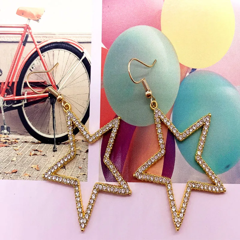 

Liwore New Fashion Five-pointed Star Hollow Earrings For Women Zircon Rainbow Color/Gold Pendant Earrings Jewelry