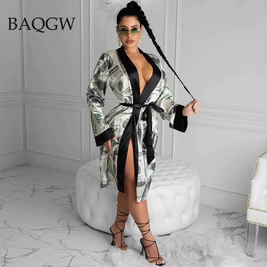 

Women Fall Dollar Print Open Stitch Sleepwear Capes & Ponchos Long Sleeve Night Gown Home Clothes Bathrobe Sexy Coats with Belt