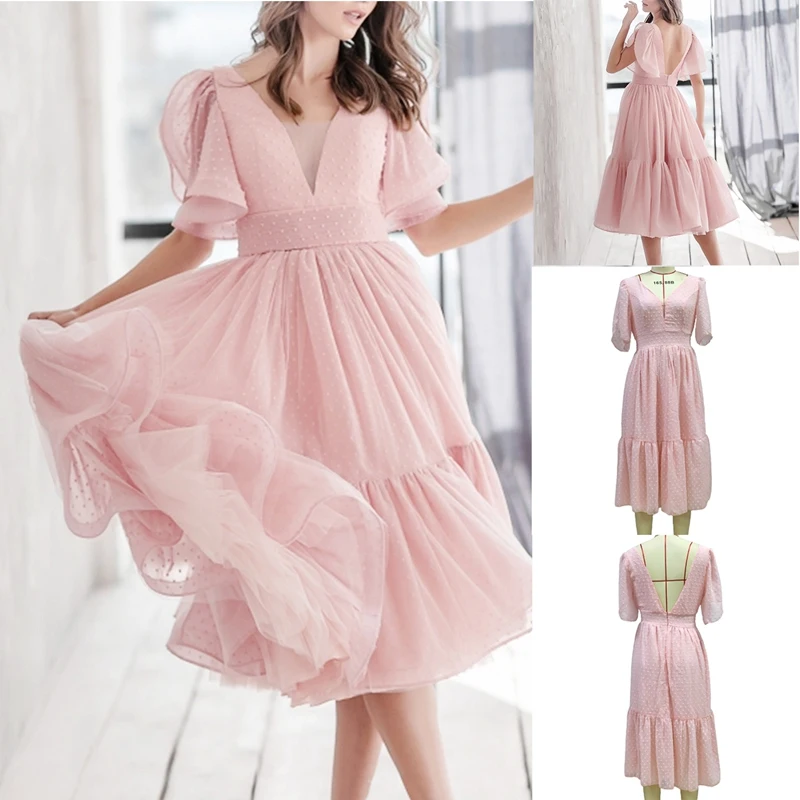 

Женское мини-платье с коротким рукавом, повседневное свободное платье трапециевидной формы с V-образным вырезом и швейцарским цветочным пр...