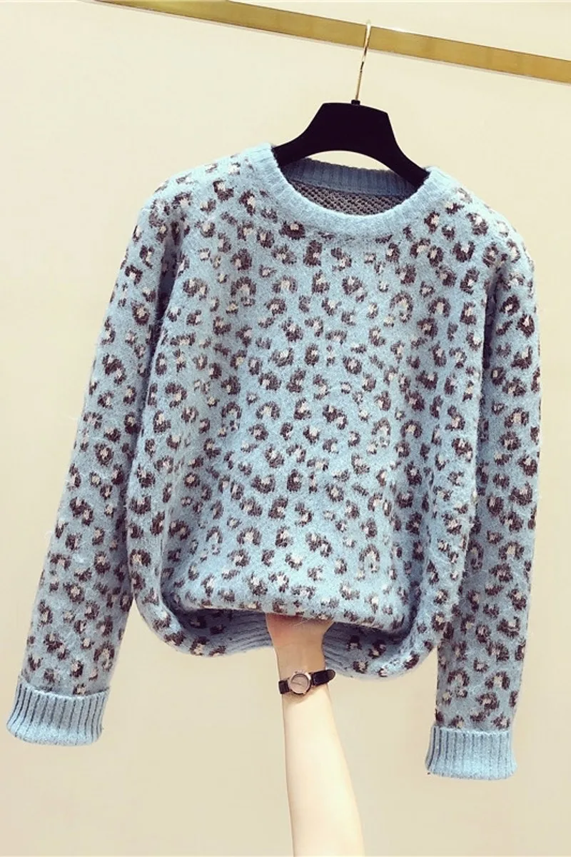 

Leopard Sweaters Women 2020 New Autumn Winter Loose O Neck Pullovers Top Loose Long Sleeve Knitted Outwear for Mujer