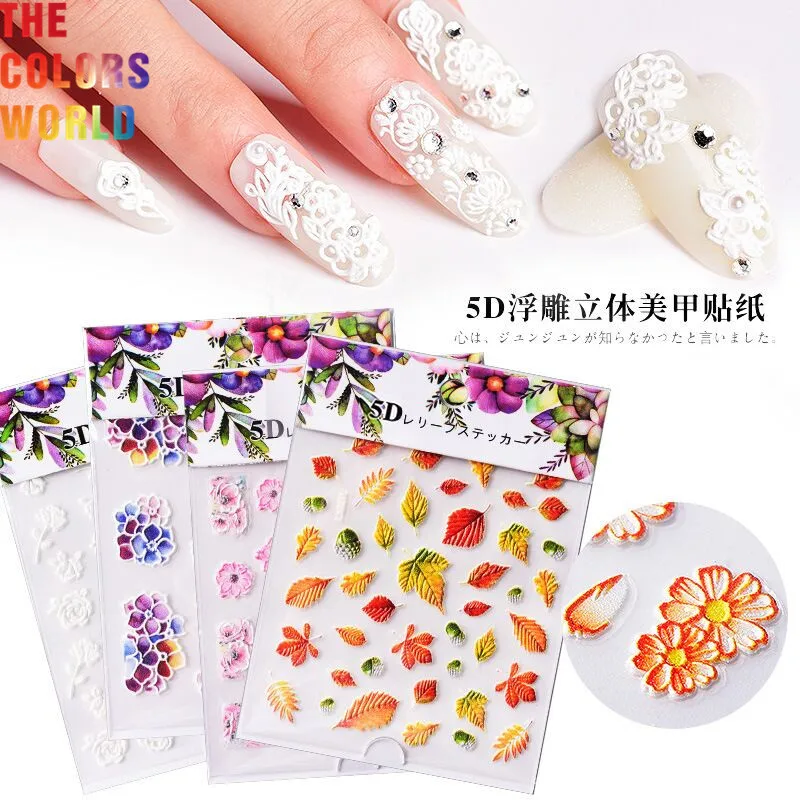 TCST 011 5D акриловая Выгравированная наклейка с цветком для ногтей тисненые листья