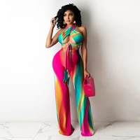ueteey womens halter neck printed crop top and wide leg pant set two piece suits summer laced bandage matching set club wear
