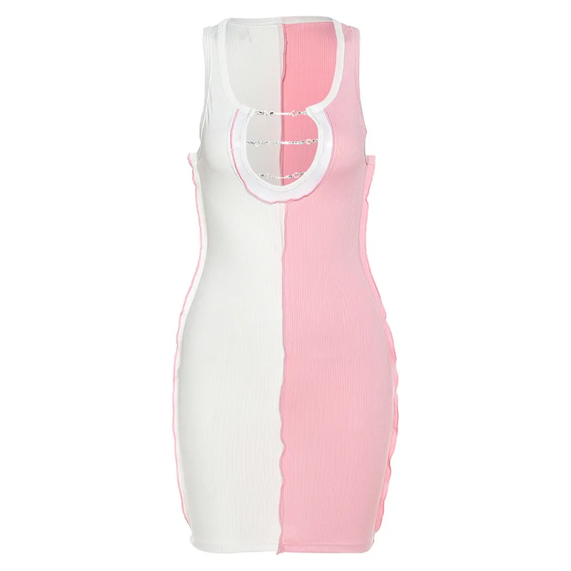 

Fannic 2021 Summer Sexy Women's Sleeveless Round Neck Hollow Out vesdidos High Waist Color Stitching Pencil Dress