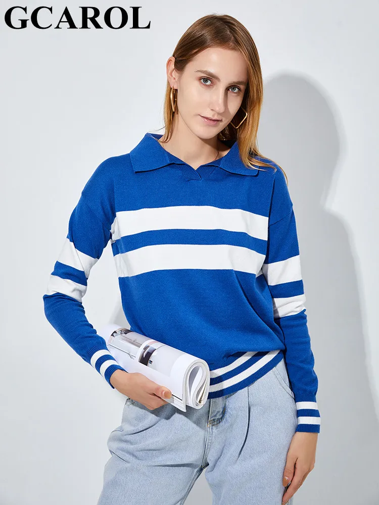 

GCAROL Autumn Winter Turn-down Collar Stripes Jumper 30% Wool Handsome Warm Short Knitted Jersey Skin-friendly Soft Polo Sweater