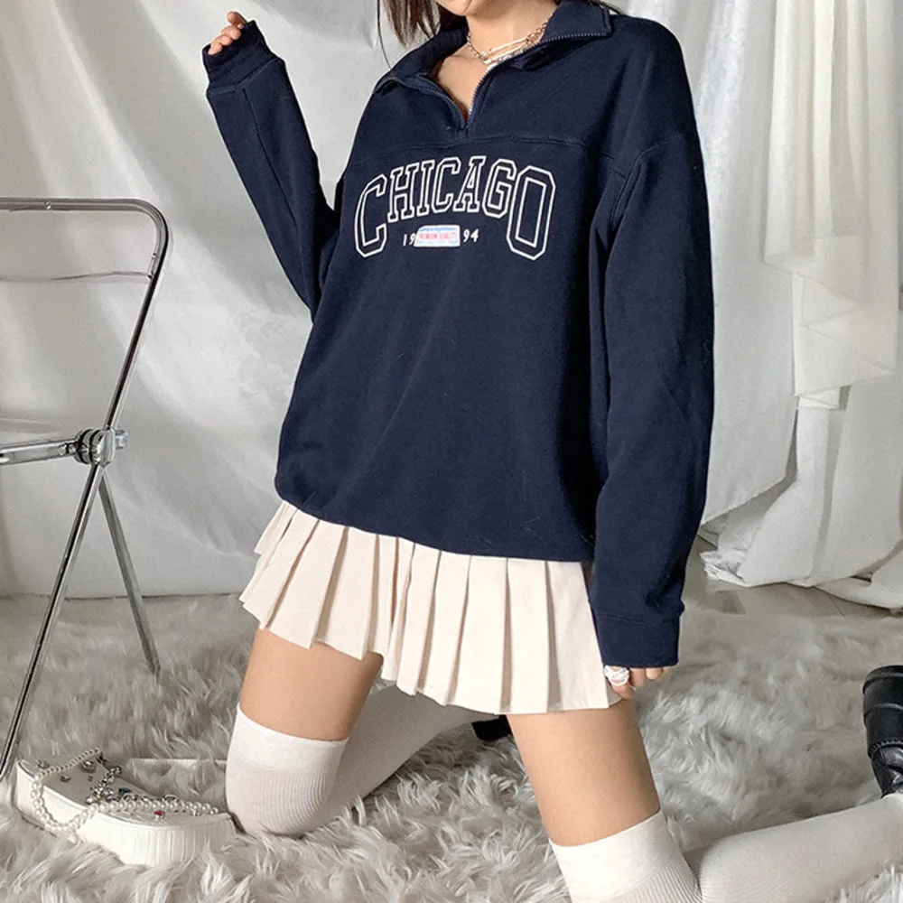 

New Long Sleeve Dark Blue Letter Printing Zip Up Collar Sweatshirt Women Vintage Brand Fashion Oversized Loose Casual Streetwear