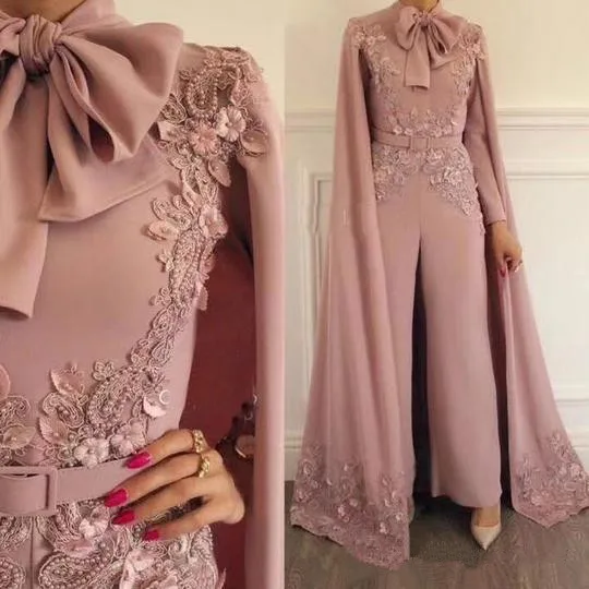 Vintage Blush Prom Jumpsuit with Long Cape Wrap High Neck African Muslim 3D Floral Lace Beaded Arabic Evening dress Pant Suit
