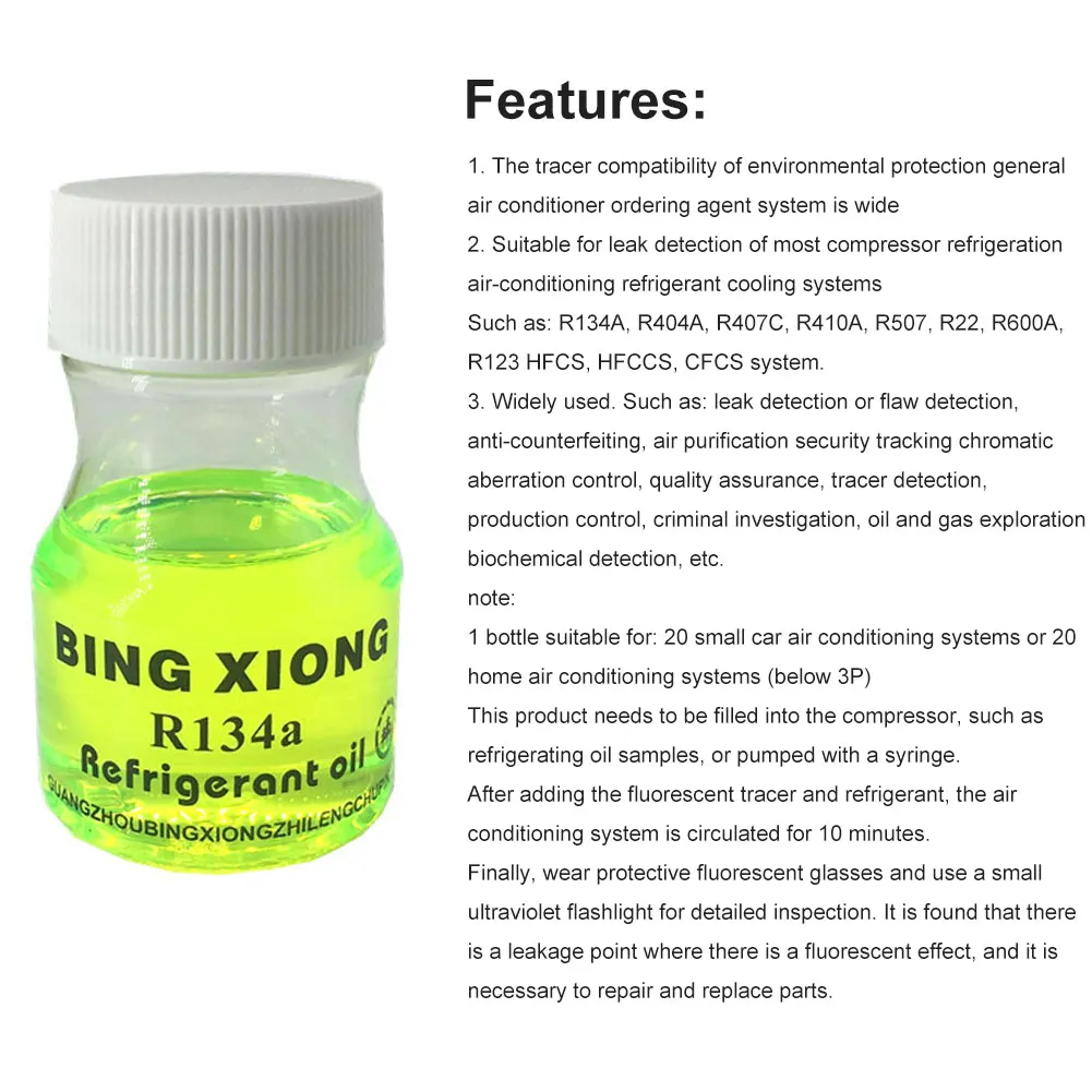 

Universal Fluorescent Oil Leak Detector Test UV Dye Agent Automotive Air Conditioning Repair Tool For Car A/C Pipeline Repair