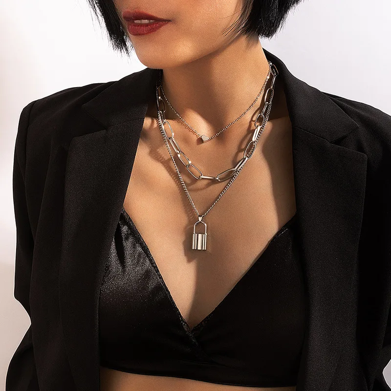 

Trendy Punk Style Love Heart Lock Necklace Pendant Women Fashion Multilayer Gold Silver Color Clavicle Chain Necklaces Jewelry