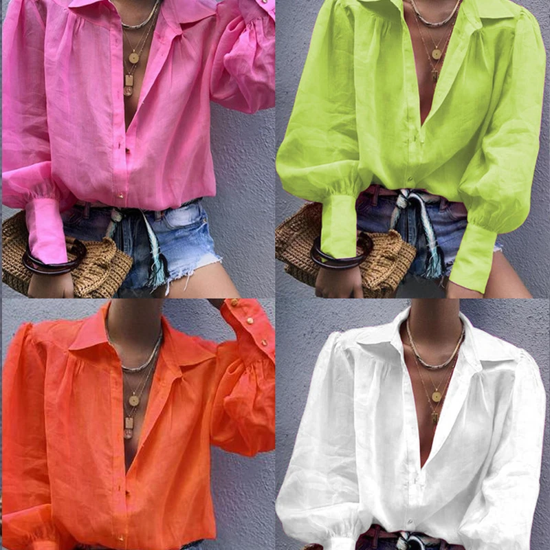 

2021 New Casual Lantern Long Sleeve Button Shirts Linen Solid Color Blouse Turn-down Collar Women Loose Top Lady Clothing 15490