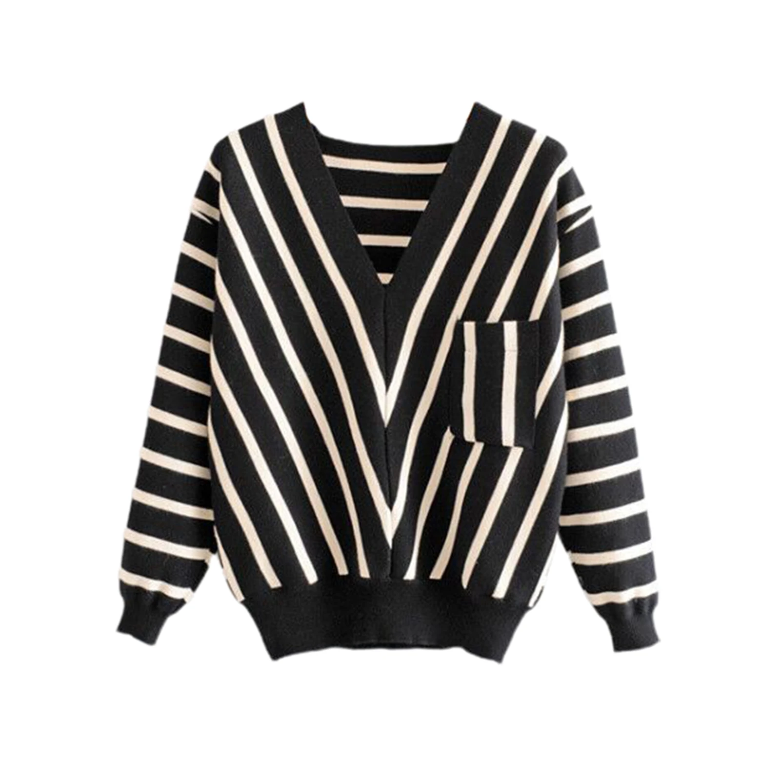 

Women Autumn Long Sleeve V Neck Stripes Pockets Loose Sweater Knitwear Pullover