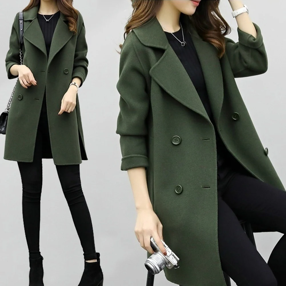 Coat Women Autumn Winter Jackets Solid Color Lapel Double-breasted Woolen Midi Trench Loose Long Sleeve Jacket Warm Keeping | Женская