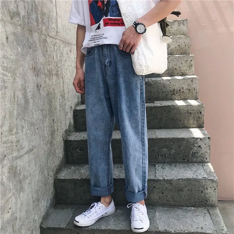 Mens Jeans Korean Fashion Loose Fit Retro Blue Classical Harem Pants Big Small Leg Streetwear Hip Hop Man Jeans