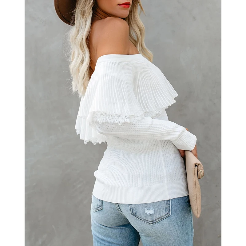 Шифоновый с открытыми плечами вязаный свитер оборками женский длинный рукав