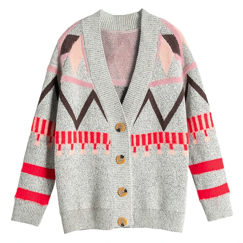 Новый свитер пальто с геометрическим принтом осенне-зимний женский длинными