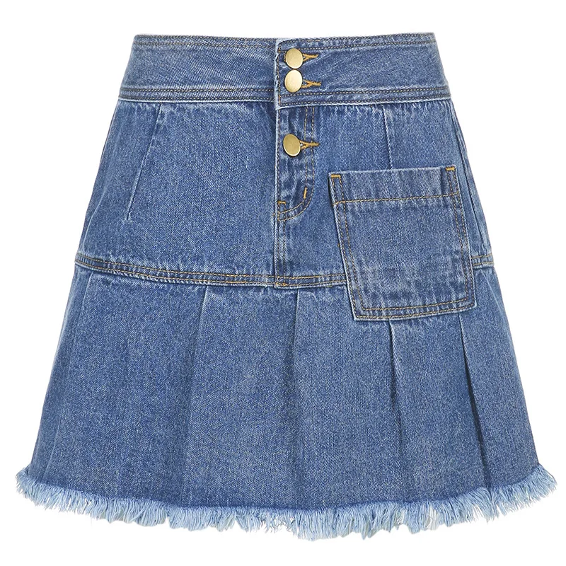 

2021 Summer New Style Fashion All-Match Pocket Buttoned Casual High-waisted A-line Pleated Denim Skirt Women's Short Skirt Y2K