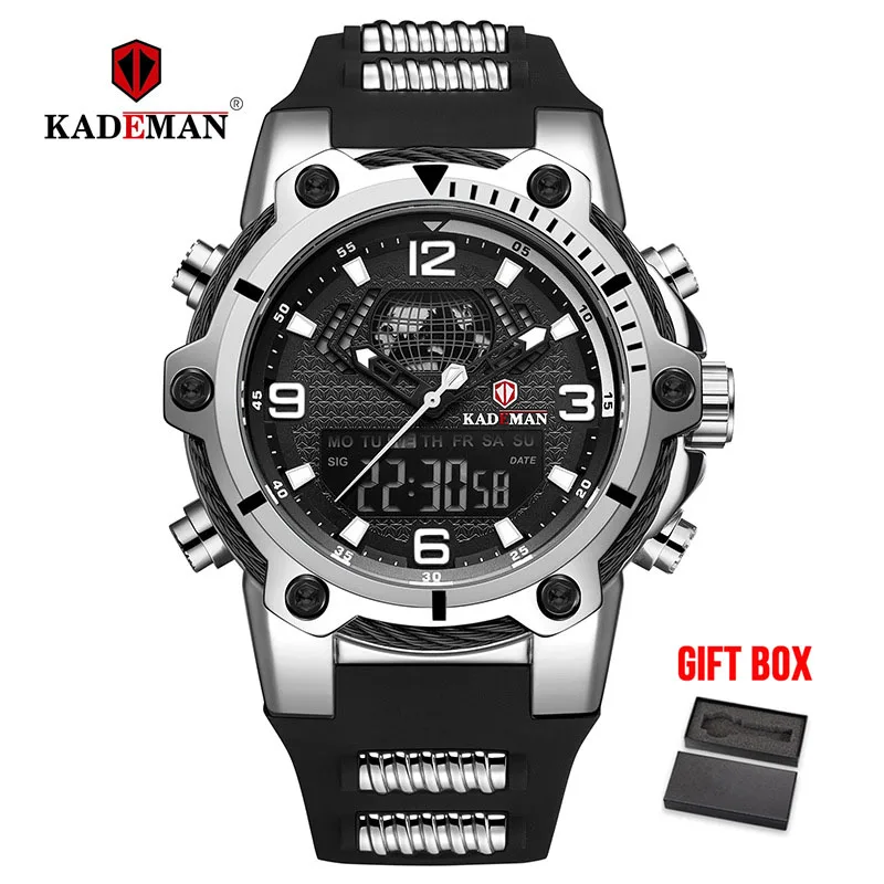 silver black KADEMAN мужские часы водонепроницаемые военные спортивные цифровые часы модные брендовые мужские резиновые кварцевые наручные часы Relogio Masculino - Цвет: silver black