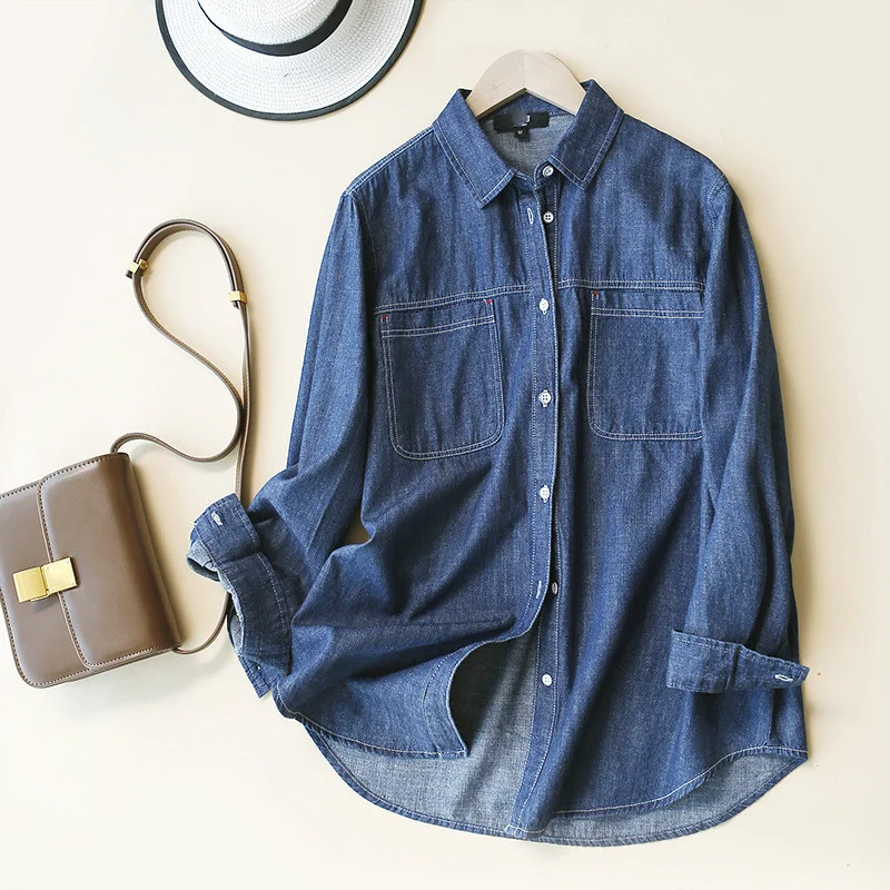 

Женская джинсовая рубашка с длинным рукавом, Повседневная офисная рубашка из 100% хлопка с эффектом потертости, весна 2022