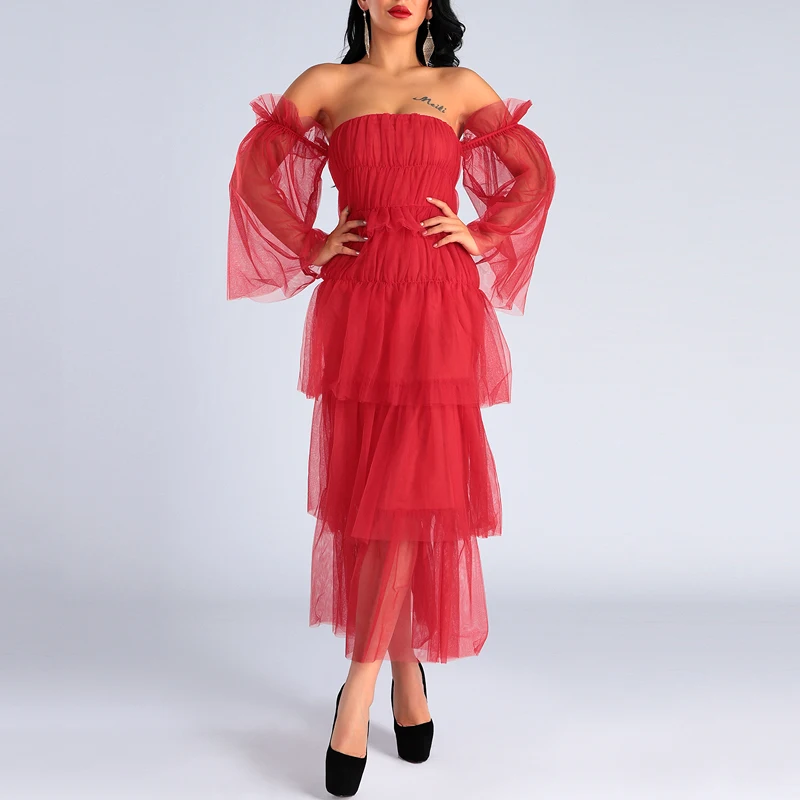 INDRESSME 2019 New Sexy Off The Shoulder Slash Lace Long Sleeves Ball Gown Red Tiered Mesh Dress Women Party Ankle Length | Женская