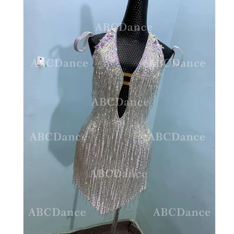 

Women Latin Dance Costumes Custom Beaded Tassel Dress Adult Latin Dance Stage Performance dress Rhinestones dance competition