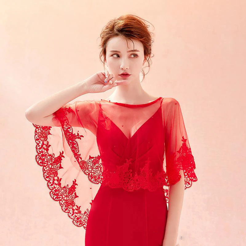 

Новинка 2020 красная Свадебная Шаль Свадебная куртка кружевная кромка Болеро Свадебная шаль