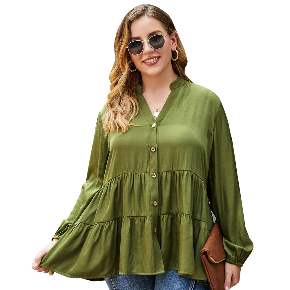 

2021 Women's Fall Winter Woven V Neck Temperament Commuter Long Sleeved Singel Breasted Solid Color Plus Size Causal Blouses