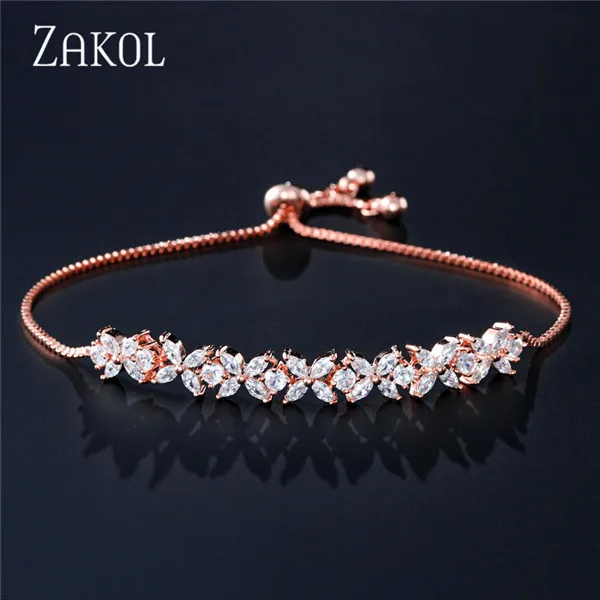 ZAKOL, Новое поступление, белый Фианит, циркон, камни, цветок, шарм, регулируемые браслеты для женщин, модные свадебные ювелирные изделия, FSBP2136 - Окраска металла: Rose Gold Color