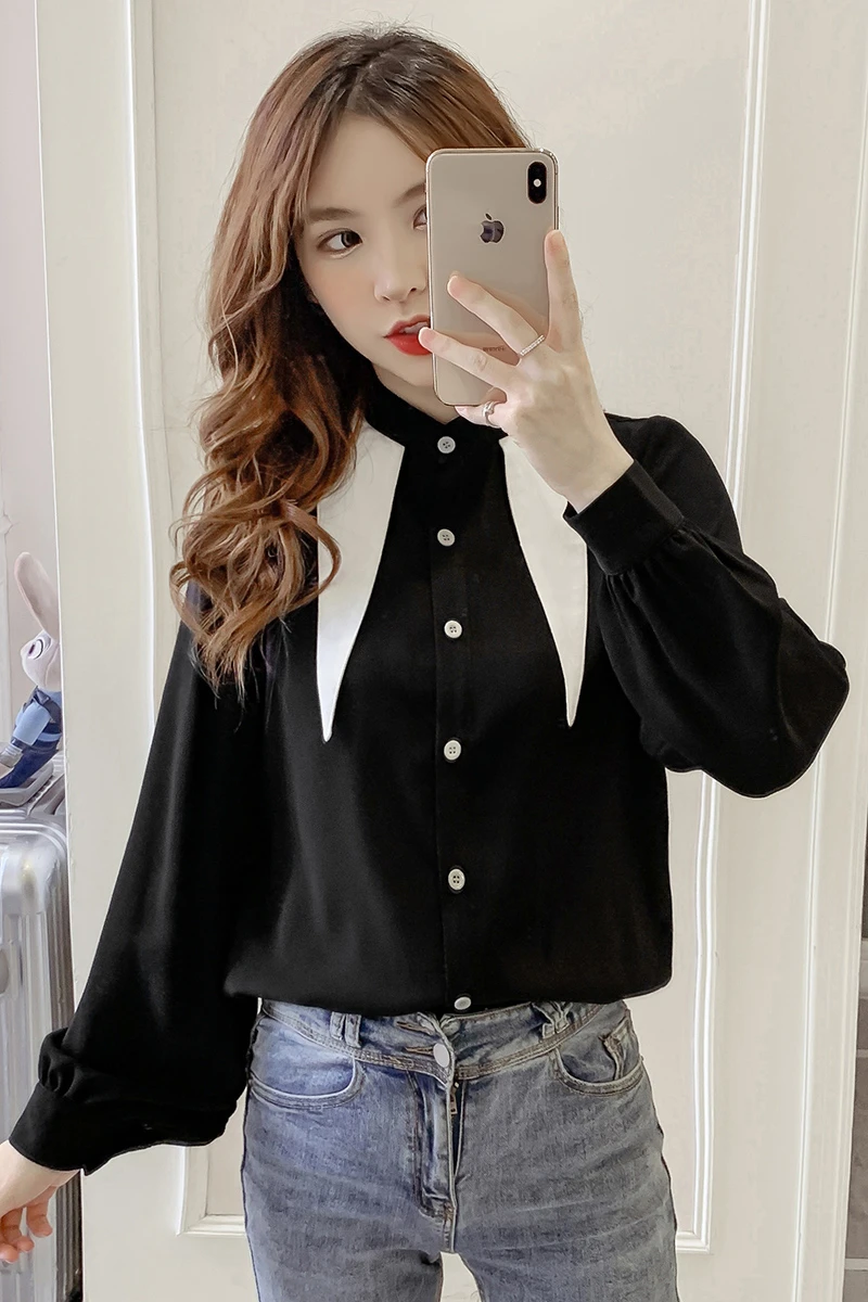 

COIGARSAM Full Sleeve Shirt Womens tops New Patchwork Women shirts Black 9661